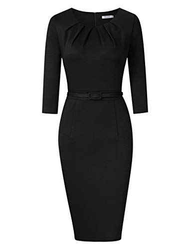 KOJOOIN Damen Etuikleid Business Bodycon Knielang Kleider Langarm Vintage Cocktailkleid mit Gürtel Schwarz XL von KOJOOIN