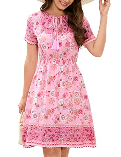 KOJOOIN Damen Freizeitkleid Kurzarm Tunika Kleid V-Ausschnitt Boho Blumenkleid kurz Swingkleid A-Line Minikleid mit Fransen Elegante Strandkleid (Verpackung MEHRWEG), A-Blumen-Rosa, XL von KOJOOIN