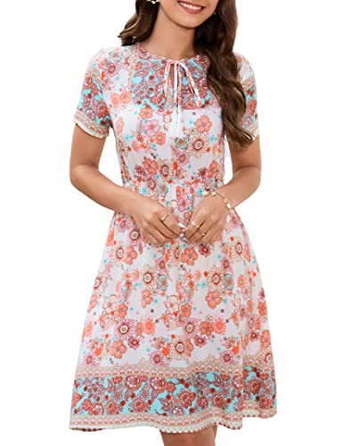 KOJOOIN Damen Freizeitkleid Kurzarm Tunika Kleid V-Ausschnitt Boho Blumenkleid kurz Swingkleid A-Line Minikleid mit Fransen Elegante Strandkleid (Verpackung MEHRWEG), A-Blumen-Weiß, L von KOJOOIN