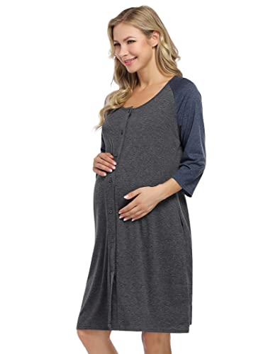 KOJOOIN Damen Geburt Stillnachthemd Langarm Nachthemd Schlafanzug Schwangerschaft Pyjama Nachtwäsche mit Durchgehender Knopfleiste Dunkelgrau C (Langarm) S von KOJOOIN