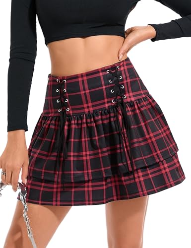 KOJOOIN Damen Gothic Rock Mini Kariert Faltenrock A-Linie Hohe Taille Skirt Cosplay Kleid zum Schnüren Rot L von KOJOOIN