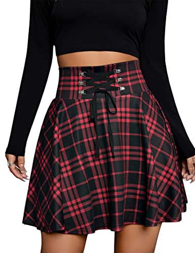 KOJOOIN Damen Hohe Taille Kurz A-Linie Flare Gothic Mini Schwarz Rot Plaid Faltenrock Kleid, rotem Karo, Klein von KOJOOIN