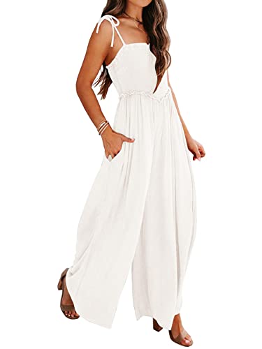 KOJOOIN Damen Jumpsuits Sommer Gesmokte Spaghettiträger Ärmelloser Overall Casual Weite Bein Strampler mit Taschen, Weiss/opulenter Garten, Small von KOJOOIN