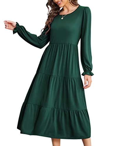 KOJOOIN Damen Lange Kleid Langarm Maxikleid Elegant Rüschen Freizeitkleider Einfarbig Rundhalsausschnitt Boho Herbst Kleider Dunkelgrün L von KOJOOIN