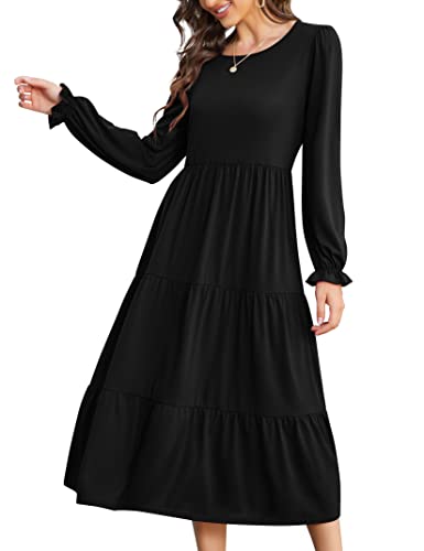 KOJOOIN Damen Lange Kleid Langarm Maxikleid Elegant Rüschen Freizeitkleider Einfarbig Rundhalsausschnitt Boho Herbst Kleider Schwarz S von KOJOOIN