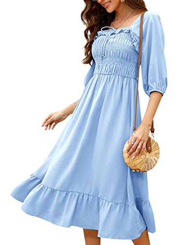 KOJOOIN Damen Kleid Casual Lange Sommerkleid 3/4 Ärmel Swing Midikleid A Linie Freizeitkleid mit Hohe Taille Blau L von KOJOOIN