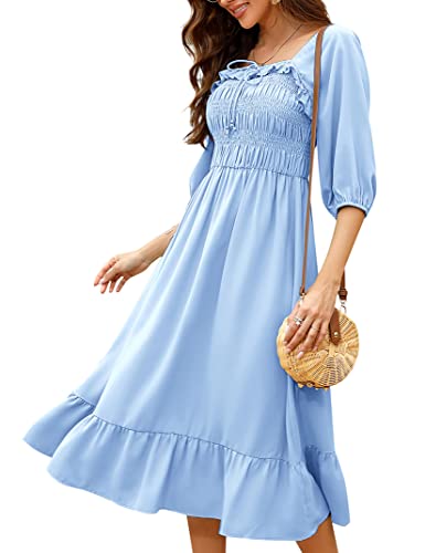 KOJOOIN Damen Kleid Casual Lange Sommerkleid 3/4 Ärmel Swing Midikleid A Linie Freizeitkleid mit Hohe Taille Blau XL von KOJOOIN