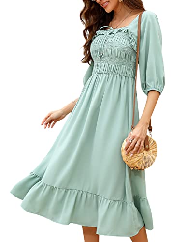 KOJOOIN Damen Kleid Casual Lange Sommerkleid 3/4 Ärmel Swing Midikleid A Linie Freizeitkleid mit Hohe Taille Grün XXL von KOJOOIN