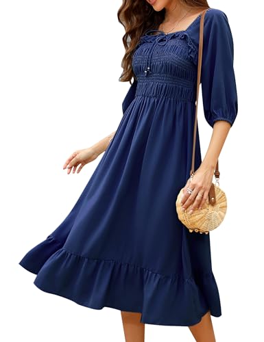 KOJOOIN Damen Kleid Casual Lange Sommerkleid 3/4 Ärmel Swing Midikleid A Linie Freizeitkleid mit Hohe Taille Navy blau L von KOJOOIN