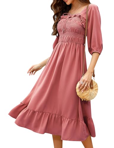 KOJOOIN Damen Kleid Casual Lange Sommerkleid 3/4 Ärmel Swing Midikleid A Linie Freizeitkleid mit Hohe Taille Rot S von KOJOOIN