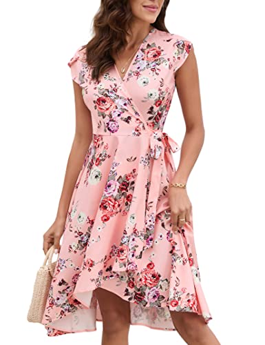 KOJOOIN Damen Kleid Elegant Ärmelloses Wickelkleid Sommerkleider Casual Strandkleid Lange Blumenkleid Partykleid(Verpackung MEHRWEG),Rosa,S von KOJOOIN