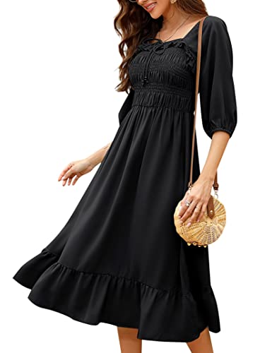 KOJOOIN Damen Kleid Casual Lange Sommerkleid 3/4 Ärmel Swing Midikleid A Linie Freizeitkleid mit Hohe Taille Schwarz M von KOJOOIN
