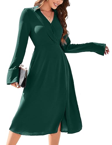 KOJOOIN Damen Kleid Langarm Freizeitkleid V-Ausschnitt Stehkragenkleid Knielang Split Midikleid A-Linie Elegante Tunika Kleid (Verpackung MEHRWEG), A-Grün, L von KOJOOIN