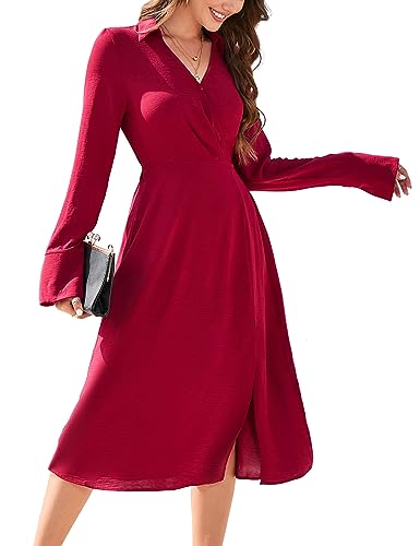 KOJOOIN Damen Kleid Langarm Freizeitkleid V-Ausschnitt Stehkragenkleid Knielang Split Midikleid A-Linie Elegante Tunika Kleid (Verpackung MEHRWEG), A-Rot, L von KOJOOIN