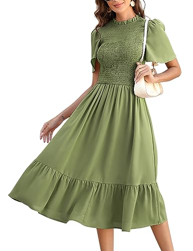 KOJOOIN Damen Kleid Lange Sommerkleid Casual Swing Kleid Kurzärm Maxikleid Rüschen Freizeitkleid Armeegrün L von KOJOOIN