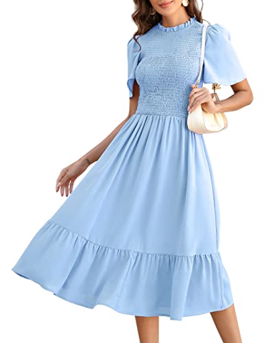 KOJOOIN Damen Kleid Lange Sommerkleid Casual Swing Kleid Kurzärm Maxikleid Rüschen Freizeitkleid Blau L von KOJOOIN