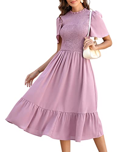 KOJOOIN Damen Kleid Lange Sommerkleid Casual Swing Kleid Kurzärm Maxikleid Rüschen Freizeitkleid Lila XXL von KOJOOIN