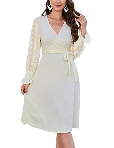 KOJOOIN Damen Kleid Strickkleid Pulloverkleid Elegant A-Line Tunika Kleid V-Ausschnitt Langarm Midikleid mit Gürtel（Verpackung MEHRWEG）,Aprikose,XXL von KOJOOIN