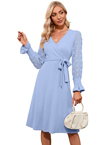 KOJOOIN Damen Kleid Strickkleider Pulloverkleid Elegant A-Line Tunika V-Ausschnitt Langarm Midikleid mit Gürtel（Verpackung MEHRWEG）,Hellblau,XL von KOJOOIN