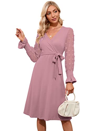 KOJOOIN Damen Kleid Strickkleid Pulloverkleid Elegant A-Line Tunika Kleid V-Ausschnitt Langarm Midikleid mit Gürtel（Verpackung MEHRWEG）,Rosa,XL von KOJOOIN