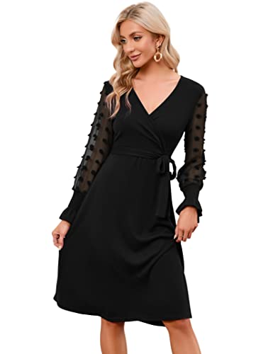 KOJOOIN Damen Kleid Strickkleider Pulloverkleid Elegant A-Line Tunika V-Ausschnitt Langarm Midikleid mit Gürtel（Verpackung MEHRWEG）,Schwarz,L von KOJOOIN