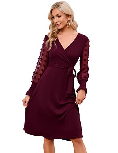 KOJOOIN Damen Kleid Strickkleid Pulloverkleid Elegant A-Line Tunika Kleid V-Ausschnitt Langarm Midikleid mit Gürtel（Verpackung MEHRWEG）,Weinrot,L von KOJOOIN