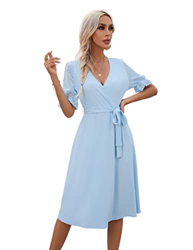 KOJOOIN Sommerkleid Damen V-Ausschnitt Kurzarm Kleider Casual Midikleid A-Linie Wickelkleid Hochzeit Festlich mit Gürtel Hellblau XL （Verpackung MEHRWEG） von KOJOOIN