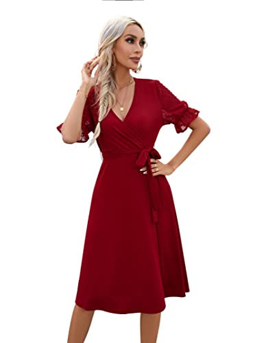 KOJOOIN Sommerkleid Damen V-Ausschnitt Kurzarm Kleider Casual Midikleid A-Linie Wickelkleid Hochzeit Festlich mit Gürtel Winerot M （Verpackung MEHRWEG） von KOJOOIN