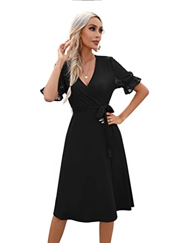 KOJOOIN Sommerkleid Damen V-Ausschnitt Kurzarm Kleider Casual Midikleid A-Linie Wickelkleid Hochzeit Festlich mit Gürtel Schwarz XL （Verpackung MEHRWEG） von KOJOOIN