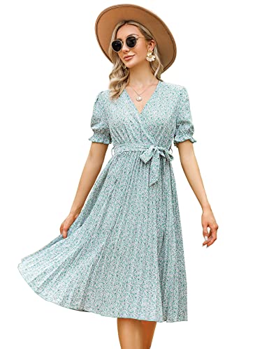 KOJOOIN Damen Sommerkleid V Ausschnitt Tunika Midikleid Plissiert Wickelkleid Kurzärm Casual Kleid A-Linie Freizeitkleid mit Gürtel, Grüne Blume-1, M von KOJOOIN