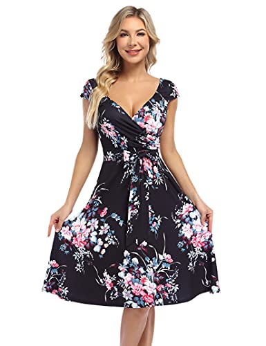 KOJOOIN Damen Kleid Vintage Abendkleider 50er V-Ausschnitt Rockabilly Retro Kleider Hepburn Stil Cocktailkleid Kurzarm Farbige Blumen S von KOJOOIN