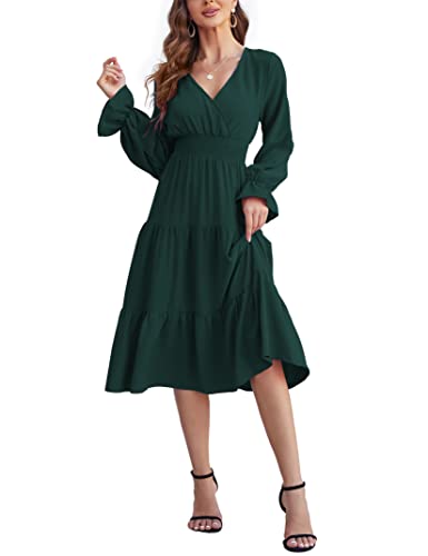 KOJOOIN Damen Lange Kleid Elegante V-Ausschnitt Wickelkleider Midikleid Langarm Tunika Hohe Taille Kleider A-Linien Boho Einfarbig Freizeitkleid mit Rüschen Dunkelgrün L von KOJOOIN