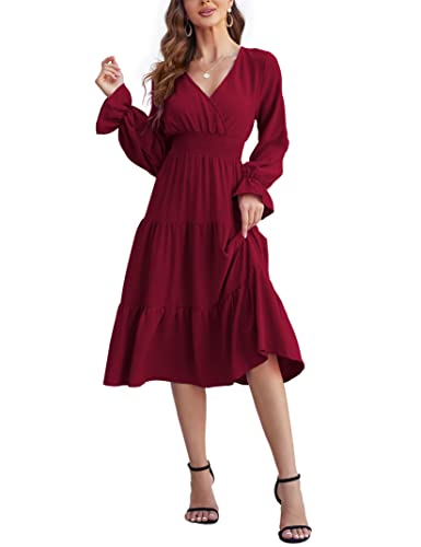 KOJOOIN Damen Lange Kleid Elegante V-Ausschnitt Wickelkleider Midikleid Langarm Tunika Hohe Taille Kleider A-Linien Boho Einfarbig Freizeitkleid mit Rüschen Rotwein M von KOJOOIN