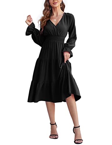 KOJOOIN Damen Lange Kleid Elegante V-Ausschnitt Wickelkleider Midikleid Langarm Tunika Hohe Taille Kleider A-Linien Boho Einfarbig Freizeitkleid mit Rüschen Schwarz M von KOJOOIN