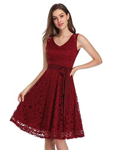 KOJOOIN Damen Vintage Brautjungfernkleider für Hochzeit Knielang Spitzenkleid Cocktailkleid Ballkleid Ärmellos Burgundy L von KOJOOIN