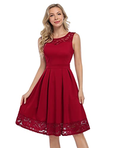 KOJOOIN Damen Kleider Spitzenkleid Festliches Cocktailkleid Ärmellos Knielang Ballkleid Burgundy M von KOJOOIN