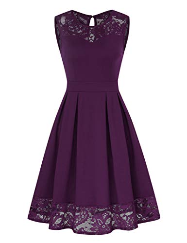 KOJOOIN Damen Kleider Spitzenkleid Festliches Cocktailkleid Ärmellos Knielang Ballkleid Lila(Spitzen Upgrade) M von KOJOOIN