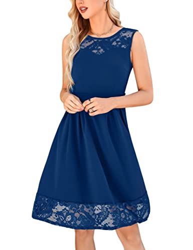 KOJOOIN Damen Kleider Spitzenkleid Festliches Cocktailkleid Ärmellos Knielang Ballkleid Indigo L von KOJOOIN