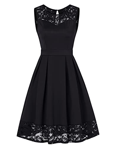 KOJOOIN Damen Kleider Spitzenkleid Festliches Cocktailkleid Ärmellos Knielang Ballkleid Schwarz L von KOJOOIN