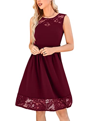 KOJOOIN Damen Kleider Spitzenkleid Festliches Cocktailkleid Ärmellos Knielang Ballkleid Weinrot L von KOJOOIN