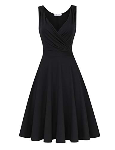 KOJOOIN Damen Kleider Vintage V-Ausschnitt Cocktailkleid Ärmellos Knielang Retro Faltenrock Schwaz L von KOJOOIN