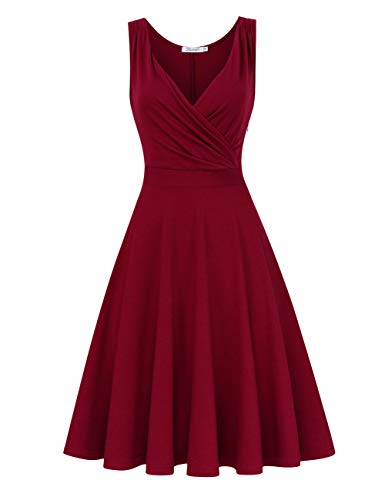 KOJOOIN Damen Kleider Vintage V-Ausschnitt Cocktailkleid Ärmellos Knielang Retro Faltenrock Weinrot L von KOJOOIN