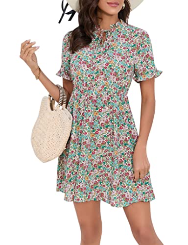 KOJOOIN Damen Kurz Kleid Kurzarm Freizeitkleid Knielang Sommerkleid V-Ausschnitt Tunika Kleid A-Linie Blumenkleid Hohe Taille Minikleid mit Schnürung (Verpackung MEHRWEG), A-Blumen-Gelb, XXL von KOJOOIN