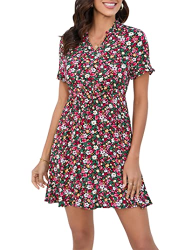 KOJOOIN Damen Kurz Kleid Kurzarm Freizeitkleid Knielang Sommerkleid V-Ausschnitt Tunika Kleid A-Linie Blumenkleid Hohe Taille Minikleid mit Schnürung (Verpackung MEHRWEG), A-Blumen-Schwarz, XL von KOJOOIN