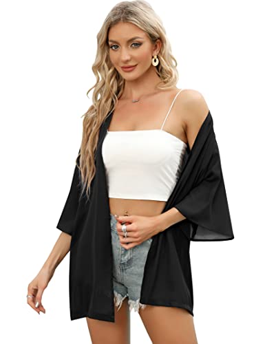 KOJOOIN Damen Lang Cardigan Sommer mit Spitzen Strickjacke 3/4 Ärmel Leicht Strand Cover Up Open Front Jacke Schwarz XL von KOJOOIN