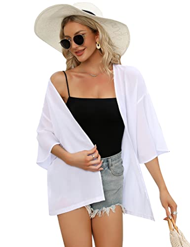 KOJOOIN Damen Lang Cardigan Sommer mit Spitzen Strickjacke 3/4 Ärmel Leicht Strand Cover Up Open Front Jacke Weiß L von KOJOOIN