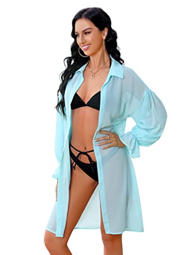 KOJOOIN Damen Lang Sommer Pareo Strandtunika Strandponcho Strandkleid Bikini Cover Up Boho Kimono Cardigan Strandmode Leichte Beach Dress Sommerkleid (Verpackung MEHRWEG) Hellblau,L von KOJOOIN