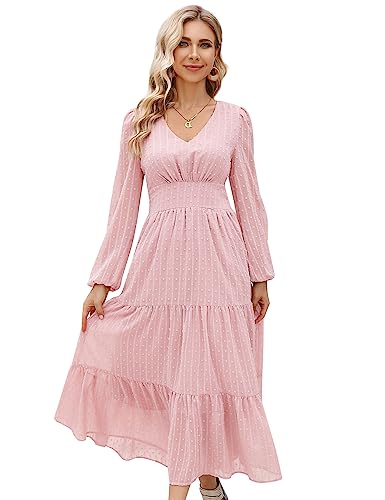 KOJOOIN Damen Lange Abendkleid Elegant Cocktailkleid Tunika Freizeit Kleid V-Ausschnitt Dünner Langer Ärmel Rosa L von KOJOOIN