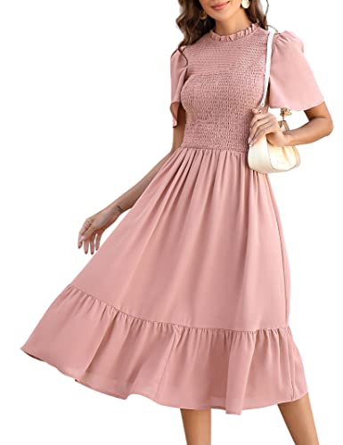 KOJOOIN Damen Kleid Lange Sommerkleid Casual Swing Kleid Kurzärm Maxikleid Rüschen Freizeitkleid Rosa L von KOJOOIN