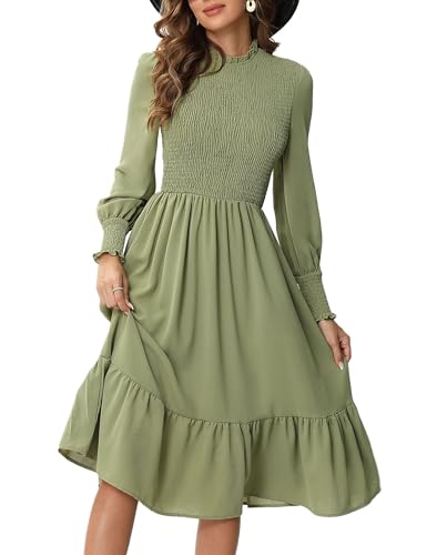 KOJOOIN Damen Lange Kleid Langarm Casual Maxikleid Swing Kleid mit Rüschen Armeegrün-Langarm L von KOJOOIN